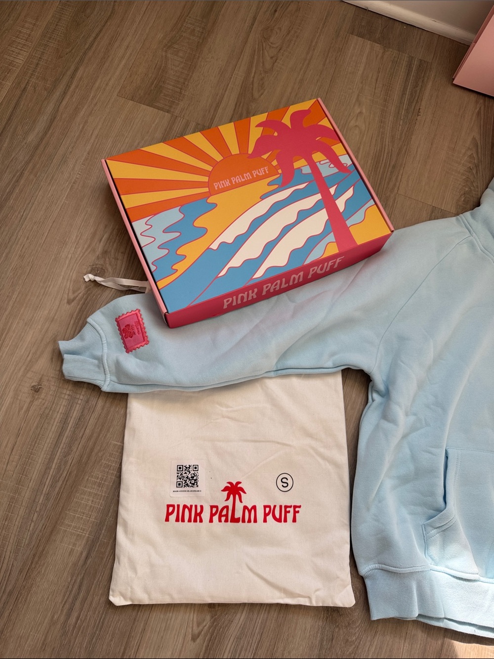 Pink Palm Puff Meet me in Miami Logo Light Blue Hoodie - Pink Embroidery - Picture 4 of 7